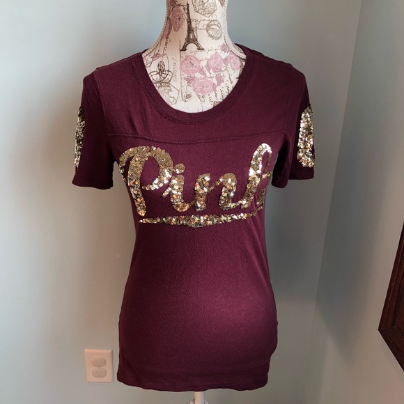 PINK Victoria's Secret Tops - ❤️FINAL❤️ PINK | Gold Sequin Bling Maroon Tee